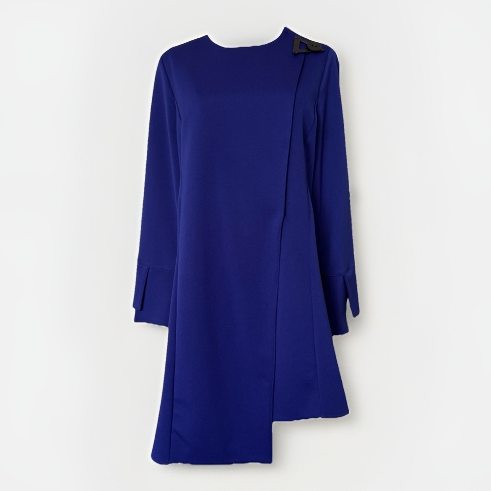 IC by Connie-K Womens L Cobalt Scuba Shift Dress Asymmetrical Buckle VTG 90s USA - Picture 2 of 11